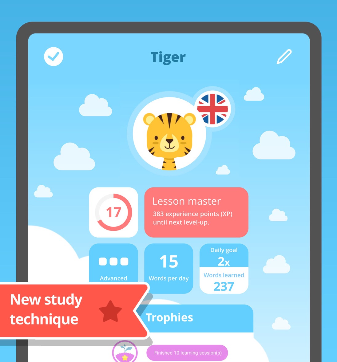 EASY peasy Screenshot — Profil mit Lernfortschritt und Trophäen